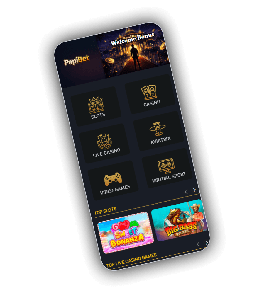 PapiBet lobby with featured slots and the champagne-gold accent